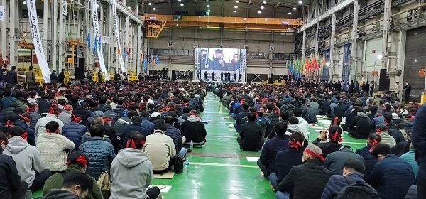 23일 서울교통공사노조 조합원총회에서 명순필 위원장인 대회사를 하고 있다.