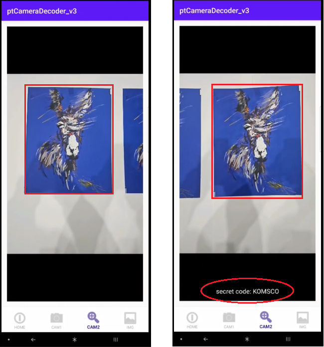 스마트폰 app 구동 화면이다. 대상 이미지에 AI인공지능 기반한 비가시의 워터마크를 생성・삽입하여 전용 프로그램을 통해서만 진위 식별 가능하다. 