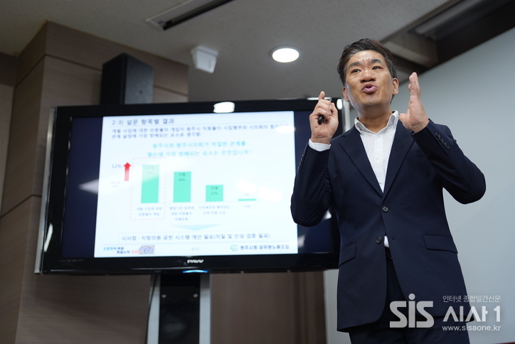  문성호 원주시청 공무원노동조합 위원장이 14일 원주시의회 인식도 조사 결과 기자회견에서 설문 결과를 설명하고 있다. (자료 = 원공노)