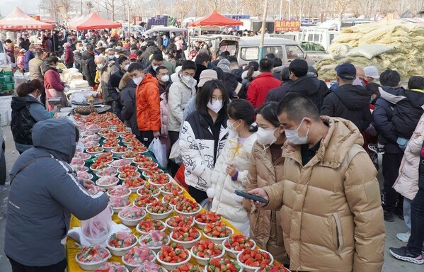 2023년 1월 2일 중국 동부 산둥성 지난 시장에서 사람들이 딸기를 구매하고 있다. (Xinhua/Xu Suhui)