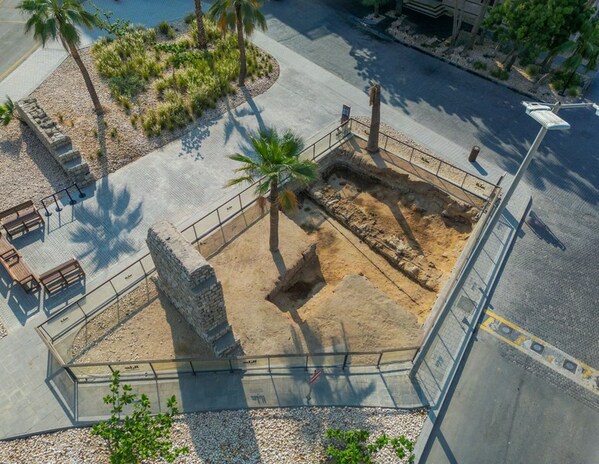 Aerial view of the excavated segment of the north fortification wall of historic Jeddah.